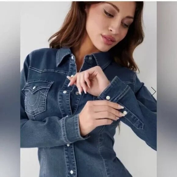 True Religion Fitted Denim Shirt Blue Wash - Size Small, New with Tags - Picture 4 of 6